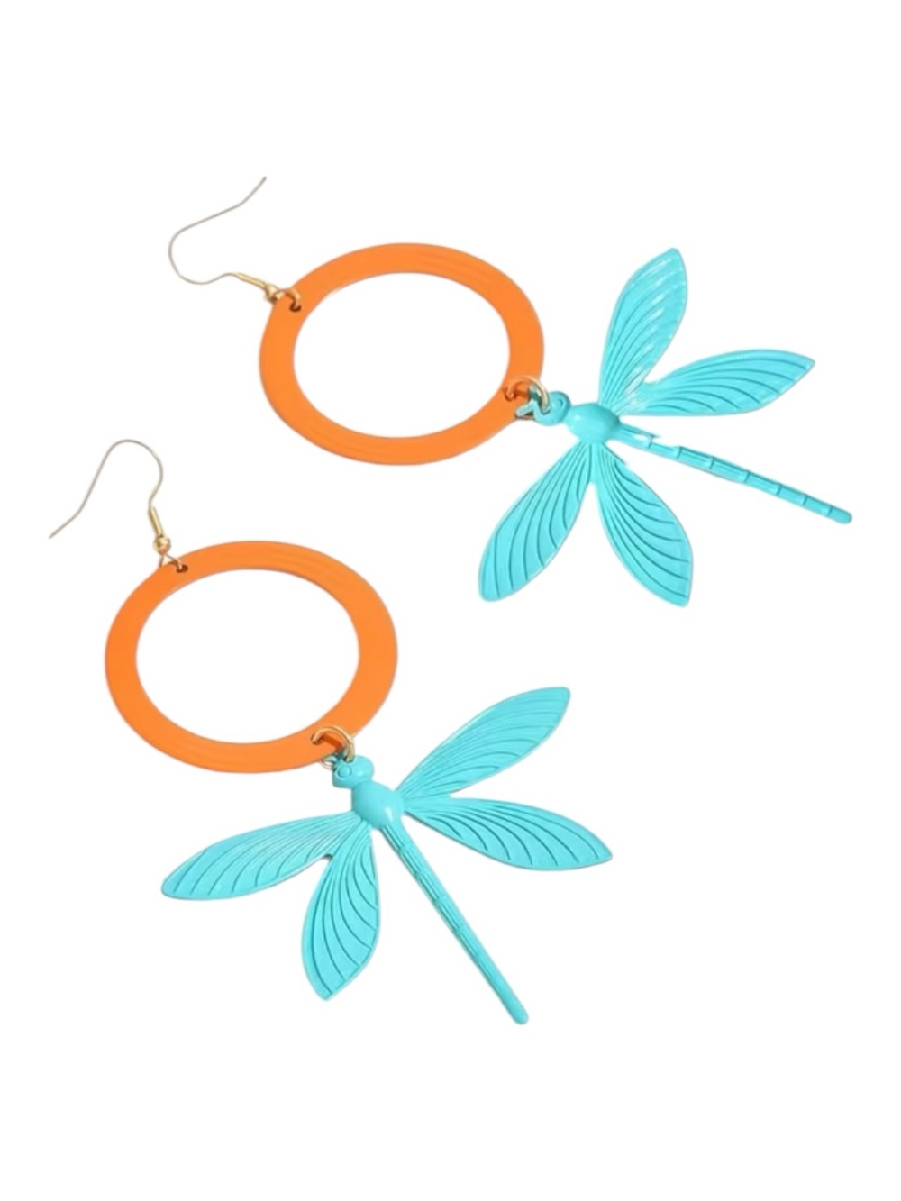 Turquoise Dragonfly Dangle Earrings with Orange Hoop - Picture 2 of 2